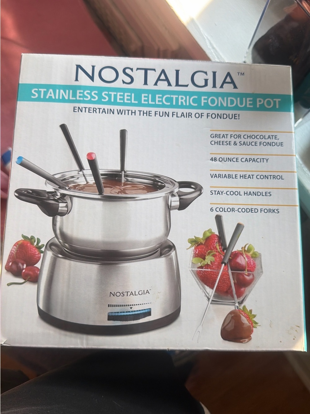 Nostalgia Stainless Steel Fondue Set with Color-Tip Forks never used in box seal